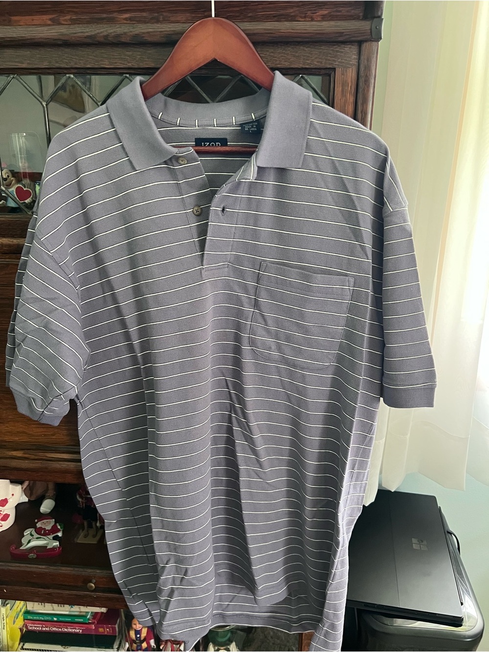 Izod Men's purple Gray Polo with Subtle White Stripes